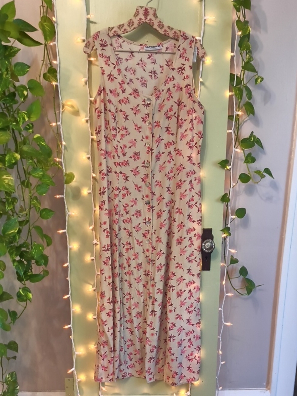 Women's Ultimate Blues Tan Sleeveless Button Down Pink Butterfly Floral Dress L